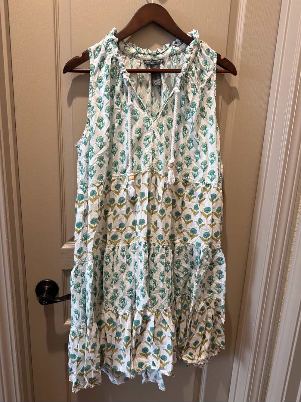 Chelsea & Theodore White Tiered Mini Dress with Green Print